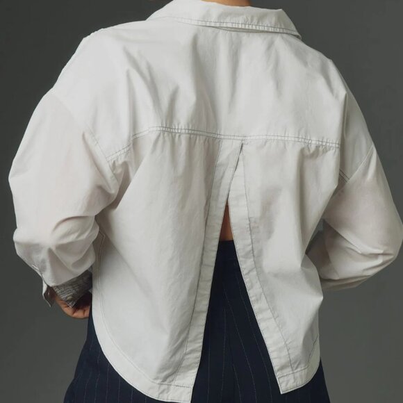 Pilcro Women's XL White Cotton Boxy Contrast Stitch Crop Top Shirt with Pockets - Picture 5 of 5